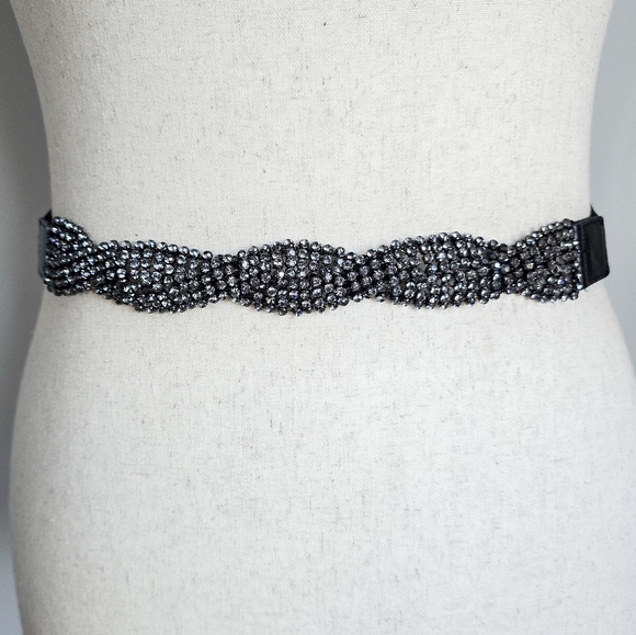 BCBGMazAzria, Black Braided Stone Jewel Statement Stretch Belt, Size Small - Picture 1 of 10